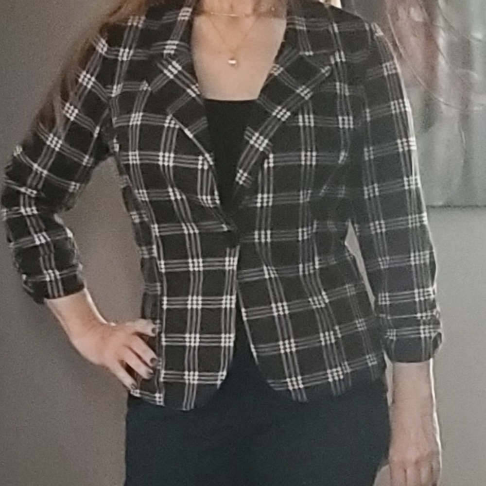 Women's Black and White Plaid Blazer